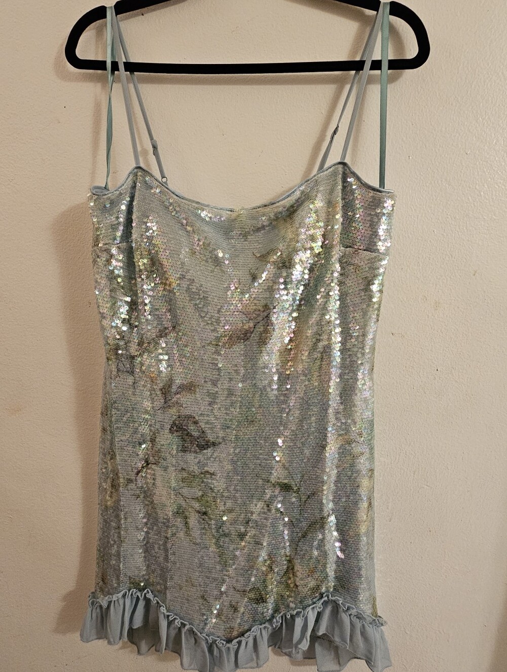 Seni & Cade - Light Blue Floral Sequin Slip Dress w/Ruffle Hem